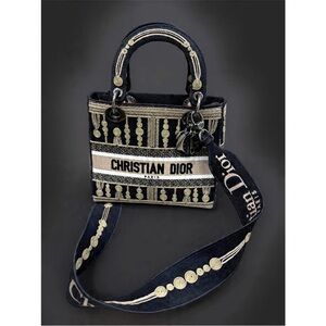 Dior Black and Beige Hand Embroidered Shoulder Bag